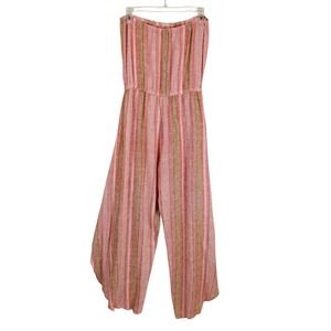 Drew Emerson Jumpsuit Romper size S Strapless Striped Linen Blend Orange Striped